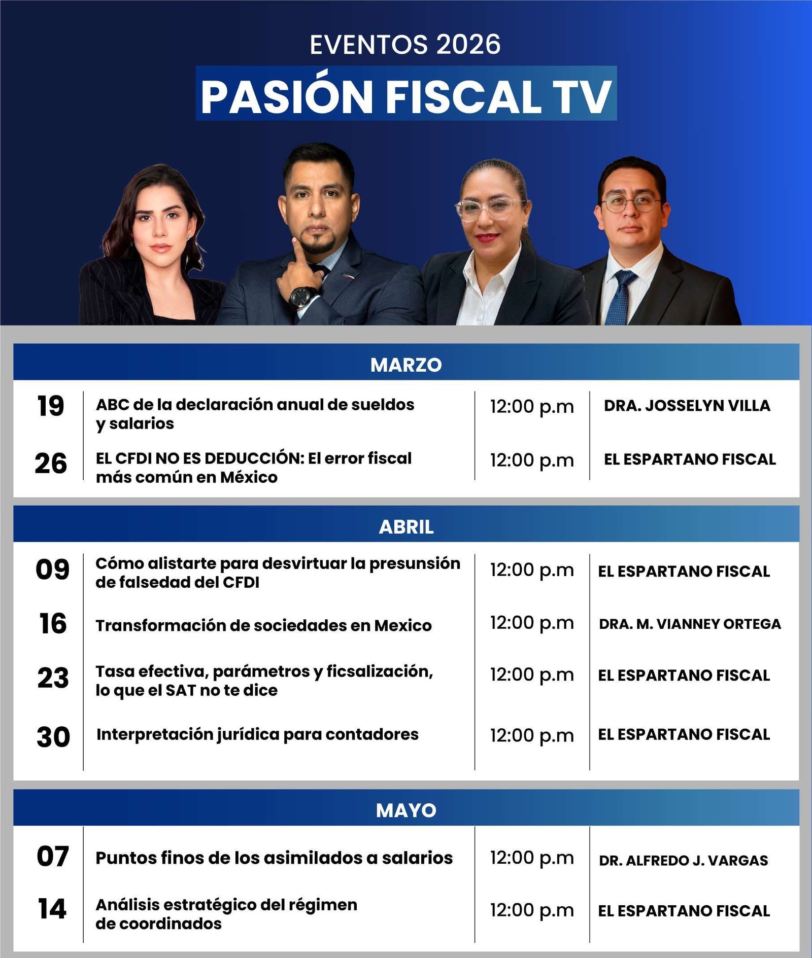 Calendario de eventos 2026 de Pasión Fiscal TV